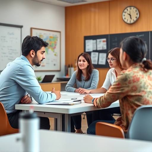 A classroom setting with students engaged in a lively discussion about business strategies