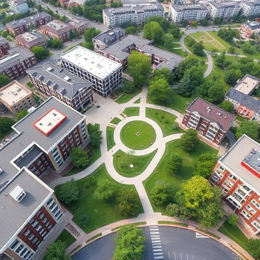 Aerial view of the LearnEdge Academy campus in Austin, Texas, showing modern buildings and green spaces