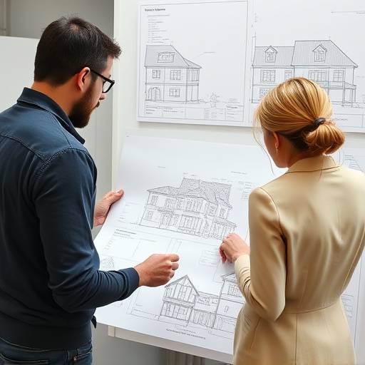 Architectural blueprint being reviewed by students and an instructor