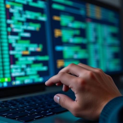Close-up of hands typing code on a laptop during a cybersecurity lesson