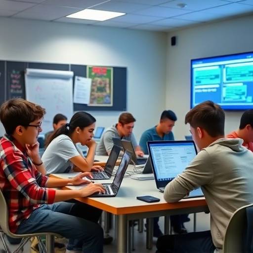 Students collaborating on a coding project in a classroom
